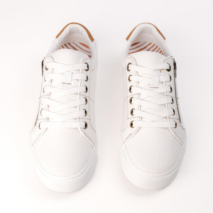 Women's Taos Z-Soul Zipper Sneaker in White/Golden Canvas
