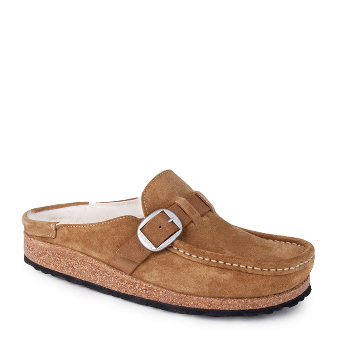 Detail side view of Women's Birkenstock Buckley Shearling Clog in Tea Suede Leather