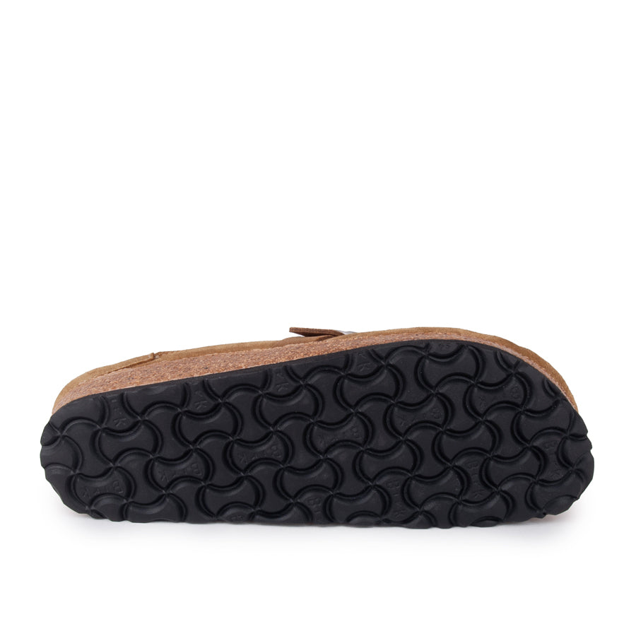 Bottom detail view of Women's Birkenstock Buckley Shearling Clog in Tea Suede Leather