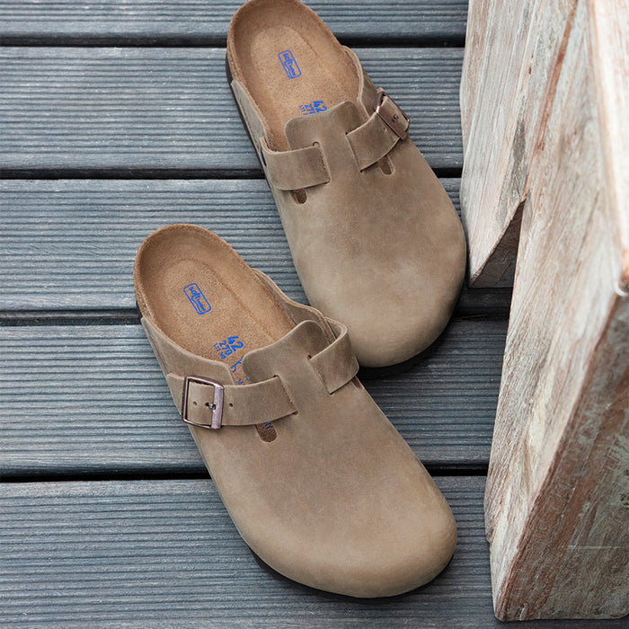 Birkenstock Boston Soft clog in Tobacco Oiled Leather, featuring an adjustable strap and soft footbed.
