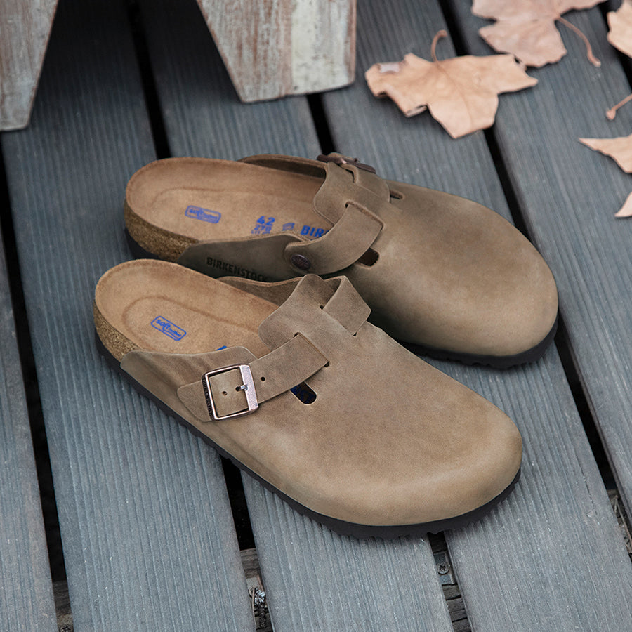 Birkenstock Boston Soft clog in Tobacco Oiled Leather, featuring an adjustable strap and soft footbed.