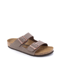 Detailed shot of the synthetic leather Birkibuc upper and metal pin buckles.
