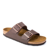 Side view of the Unisex BIRKENSTOCK Arizona in Brown BIRKO-FLOR, a classic laid-back sandal in an adjustable two-strap style and a contoured cork-latex footbed.