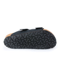 Bottom detail view of the Birkenstock Arizona Sandal in Black Oil Leather, unisex sizing.