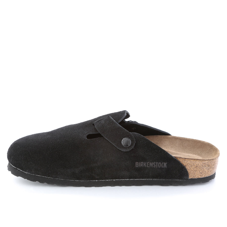 Birkenstock Boston Soft clog in Black Suede, featuring premium suede leather for all-day comfort. Classic slip-on style with soft footbed support, ideal for casual wear, gardening, or daily errands. Durable, lightweight, and built for long-lasting use, perfect for men and women seeking comfort and trendiness in footwear.
