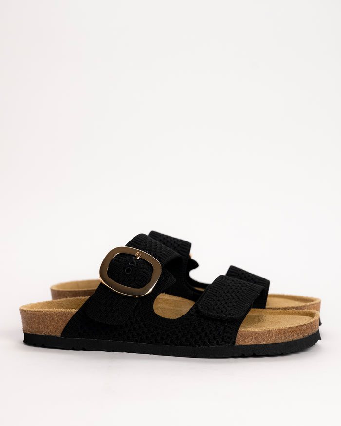 Women’s Naot Miami knit sandal in black with oversized buckle side view on white background