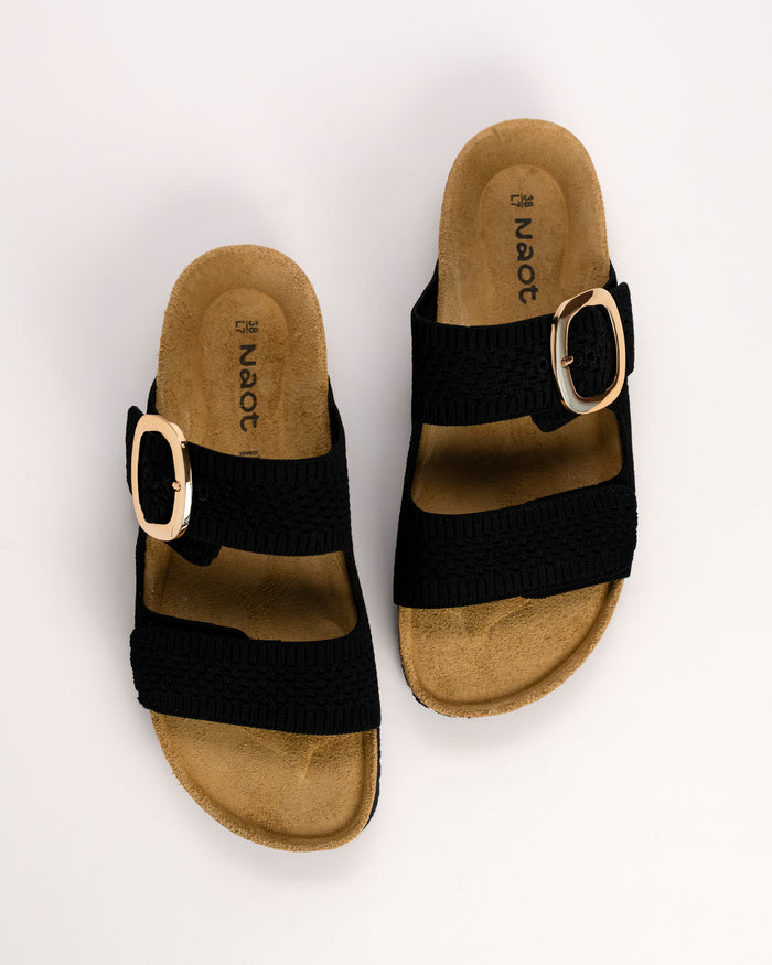 Top view of Naot Miami sandal showing textured knit upper and cork footbed