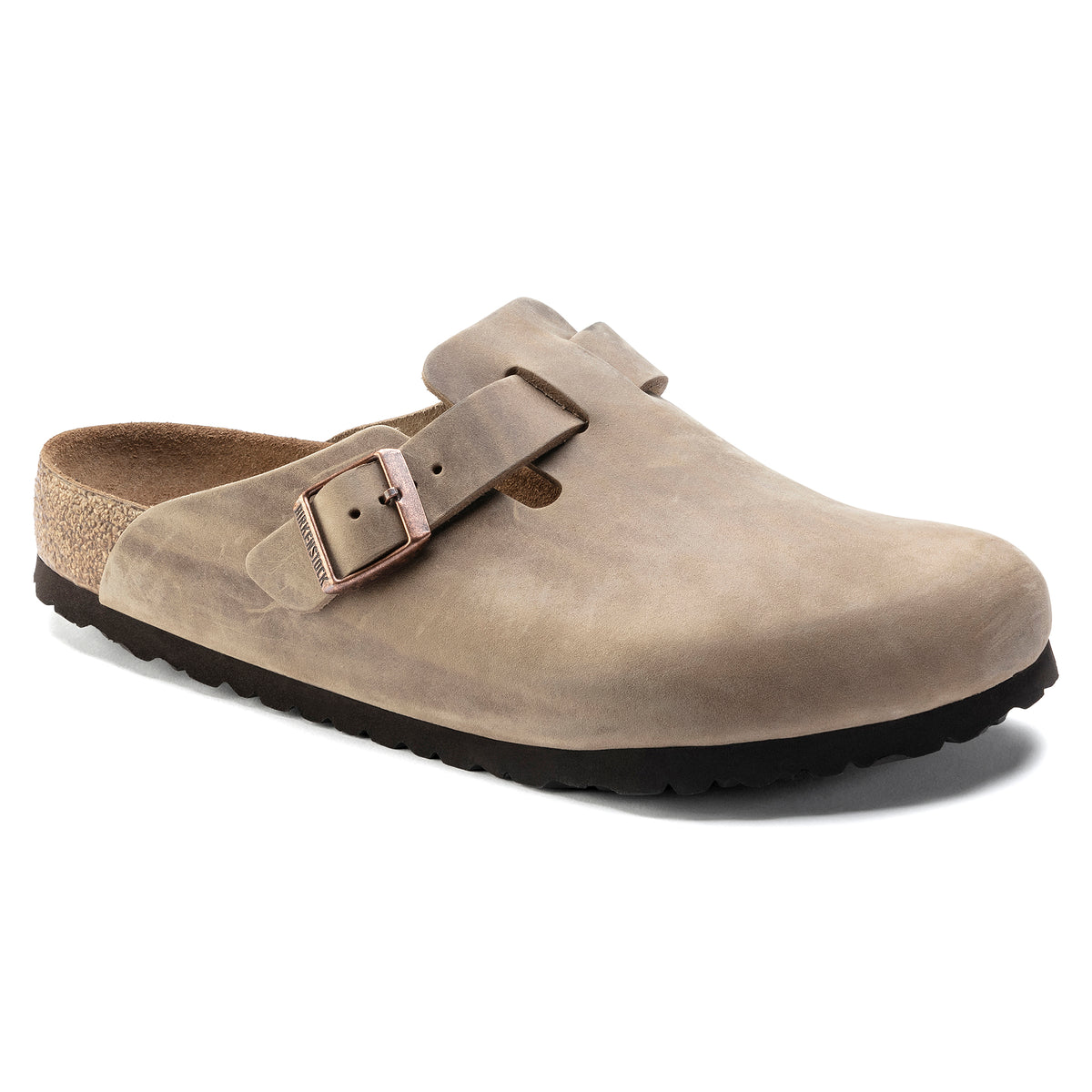 Birkenstock Boston Soft clog in Tobacco Oiled Leather, featuring an adjustable strap and soft footbed.