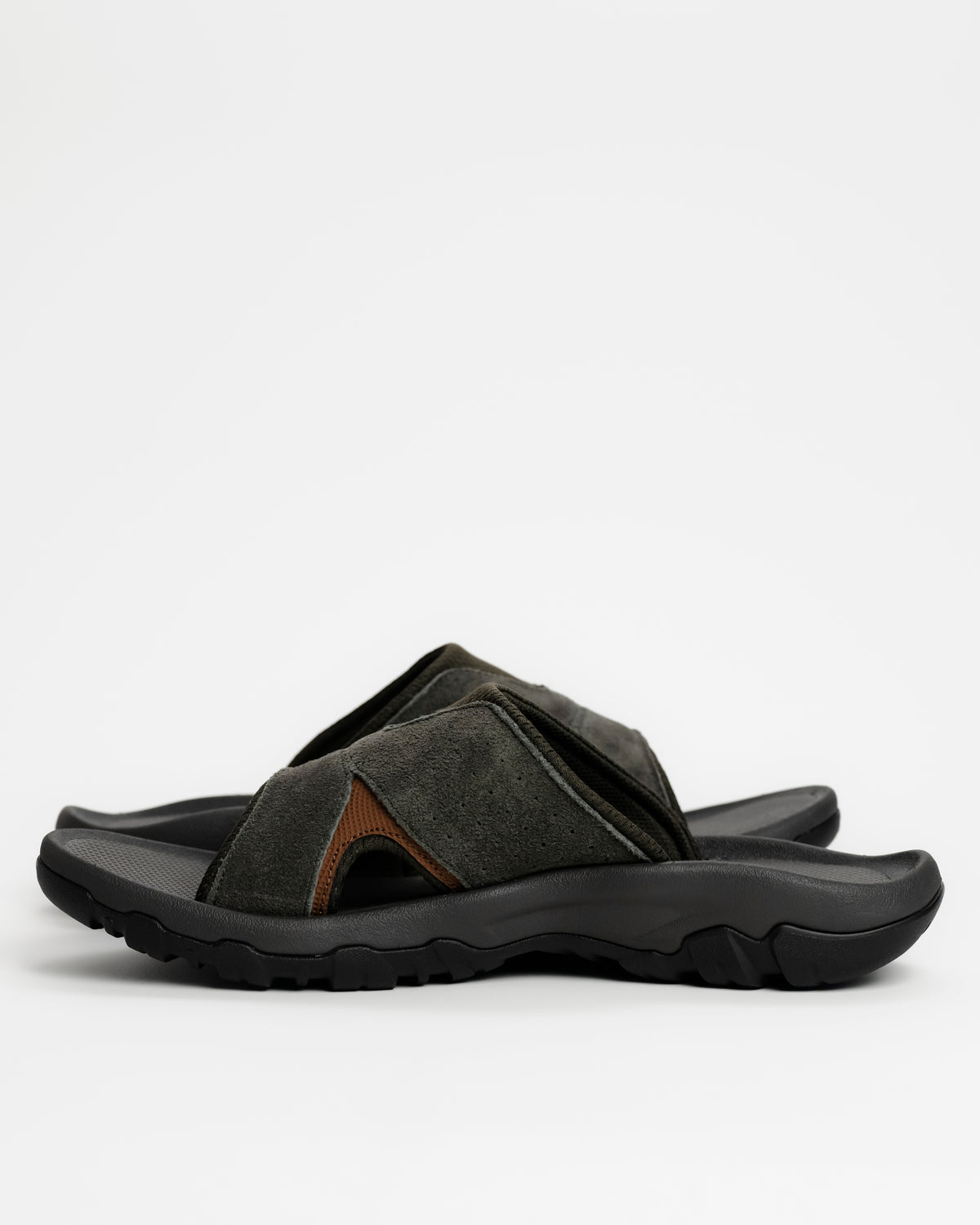 Men's Teva Katavi 2 Slide Leather Sandal - Outdoor Heritage Comfort - Bungee Cord / Gray. Molded EVA midsole for arch support and cushion.