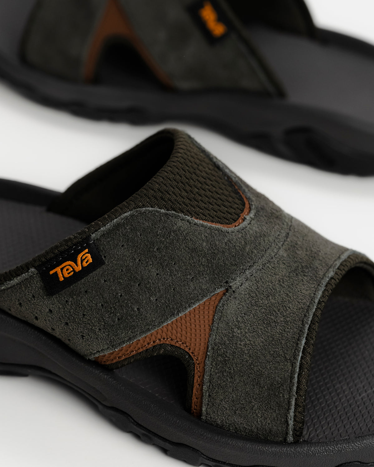 Men's Teva Katavi 2 Slide Leather Sandal - Outdoor Heritage Comfort - Bungee Cord / Gray. Easy-on slip-on slide sandal for men.