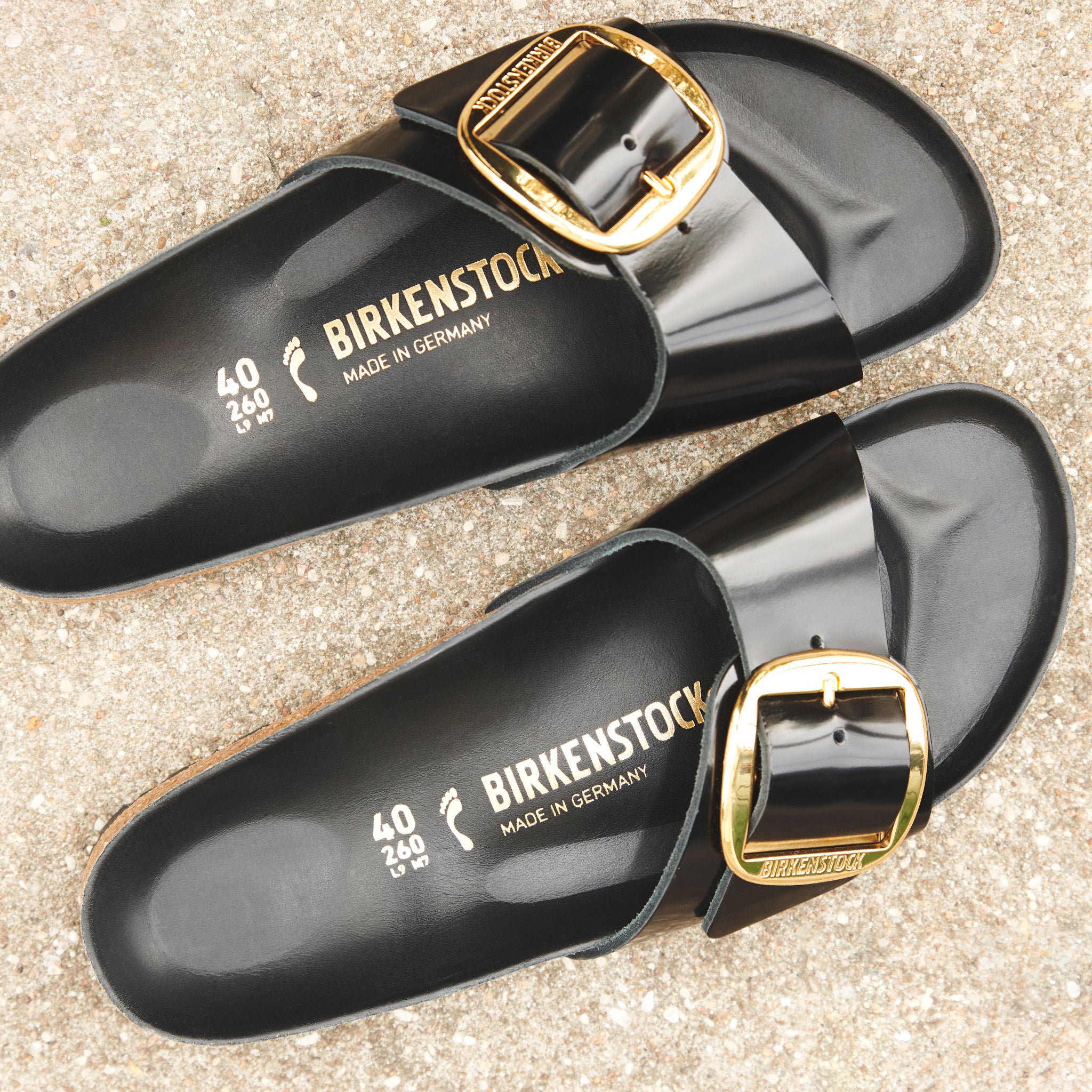 Birkenstock Madrid Big Buckle Slide in Black High-Shine Leather