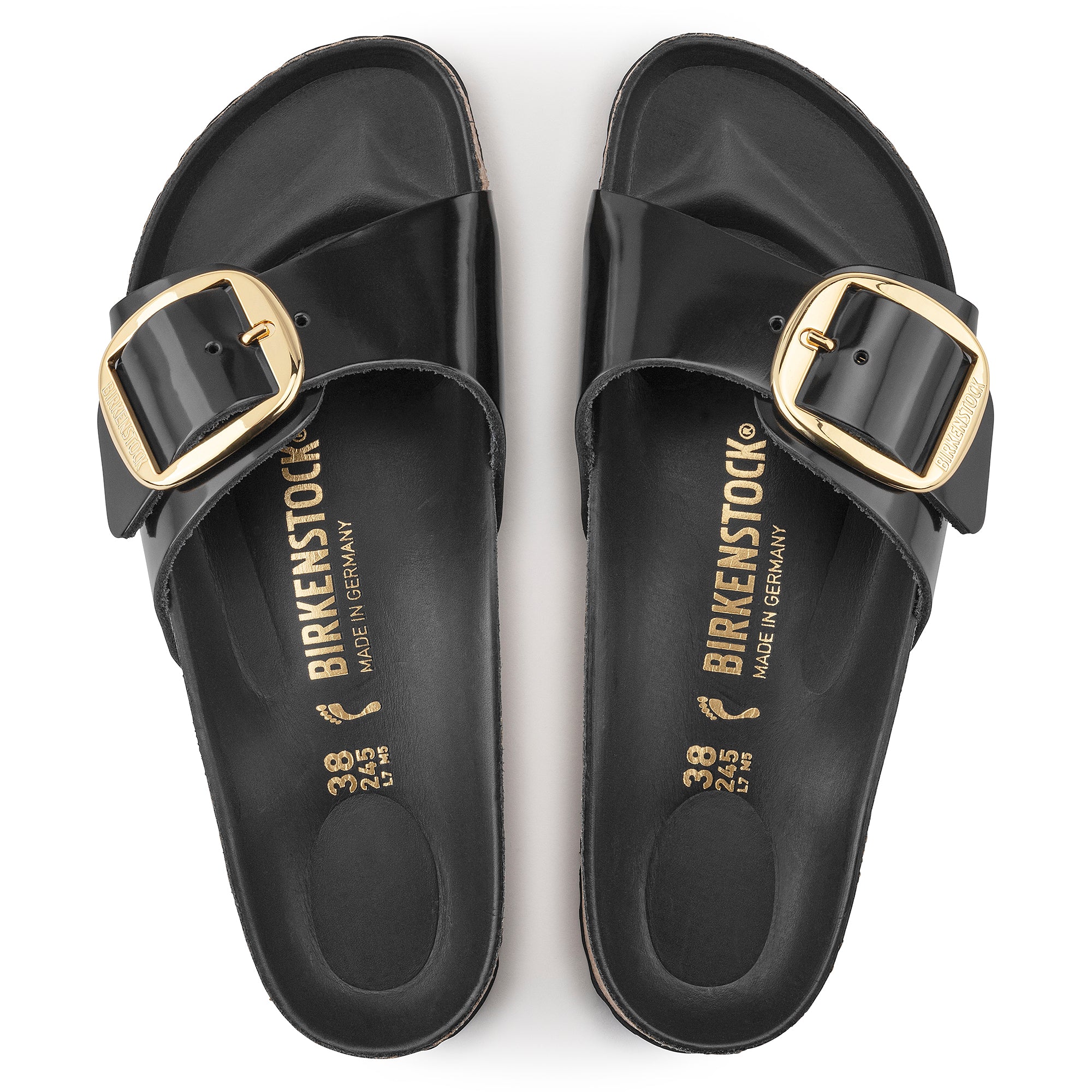 Birkenstock Madrid Big Buckle Slide in Black High-Shine Leather
