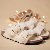 Front view of the Arizona Teddy Shearling Big Buckle sandal emphasizing the soft, padded teddy shearling lining for comfort.