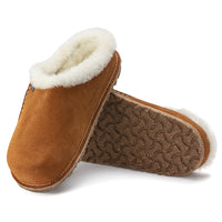 Side and bottom detail of Birkenstock Zermatt slipper, highlighting the durable rubber outsole and debossed logo detail