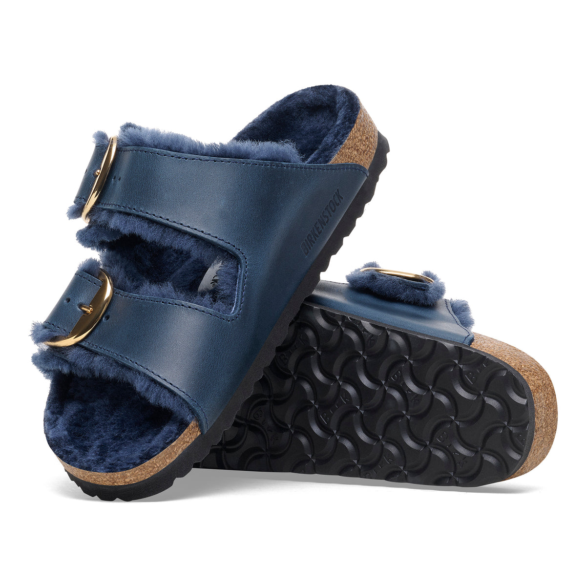 Side and bottom view of the Women's Birkenstock Arizona Big Buckle Sandal in Midnight Oiled Leather with Soft Genuine Shearling Lining