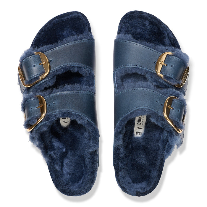 Overhead detail view of the Women's Birkenstock Arizona Big Buckle Sandal in Midnight Oiled Leather with Soft Genuine Shearling Lining