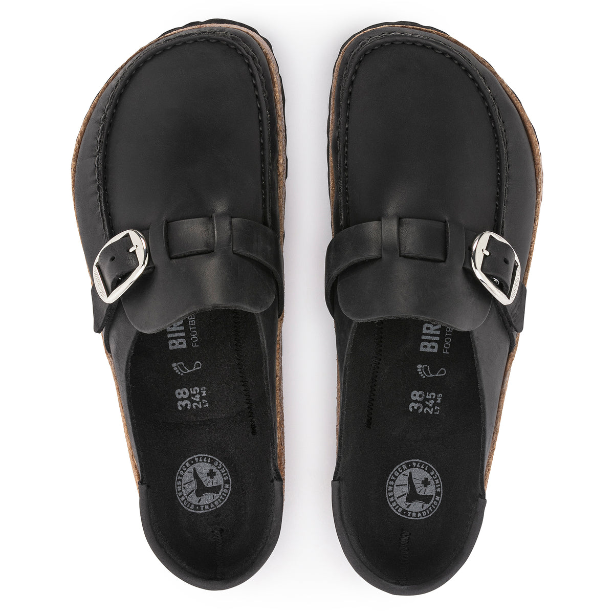 Overhead view of the Women's Birkenstock Buckley Moccasin-Style Clog in Black Oiled Leather