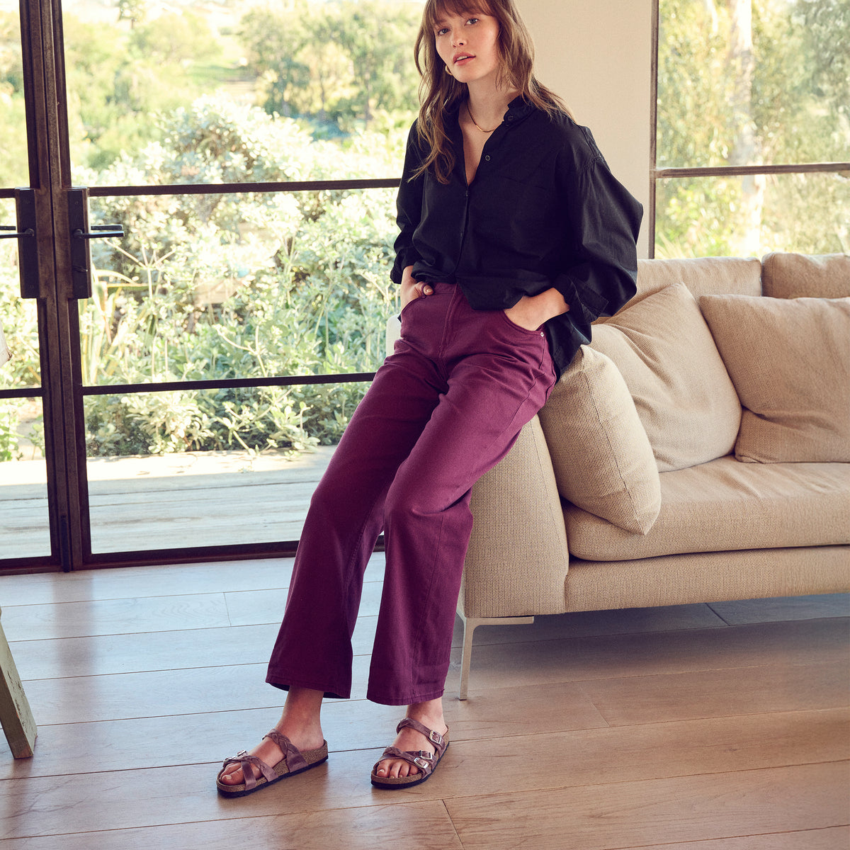 Outfit inspo for the Lavender oiled leather slip-on Franca sandal by Birkenstock.