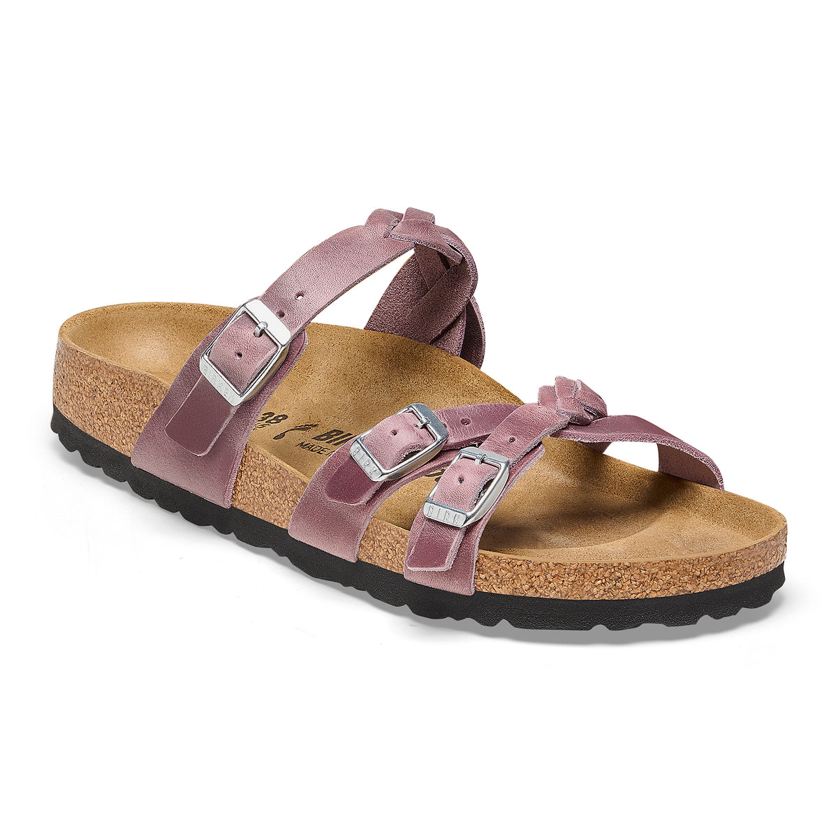 Front view of the open toe design on the Birkenstock Franca with braided leather adjustable straps.