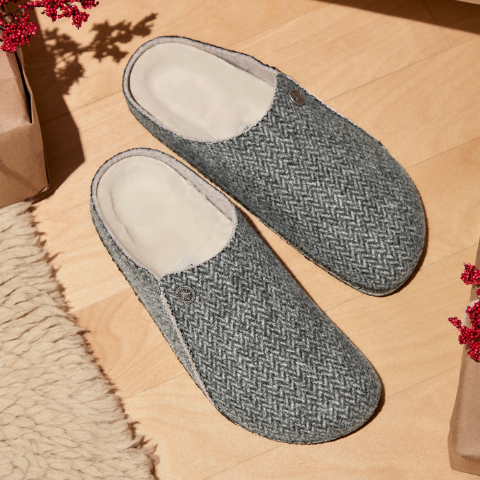 Overhead shot of the Birkenstock Zermatt Shearling Slipper in Herringbone Gray Wool Felt featuring a soft shearling lining and breathable upper wool felt