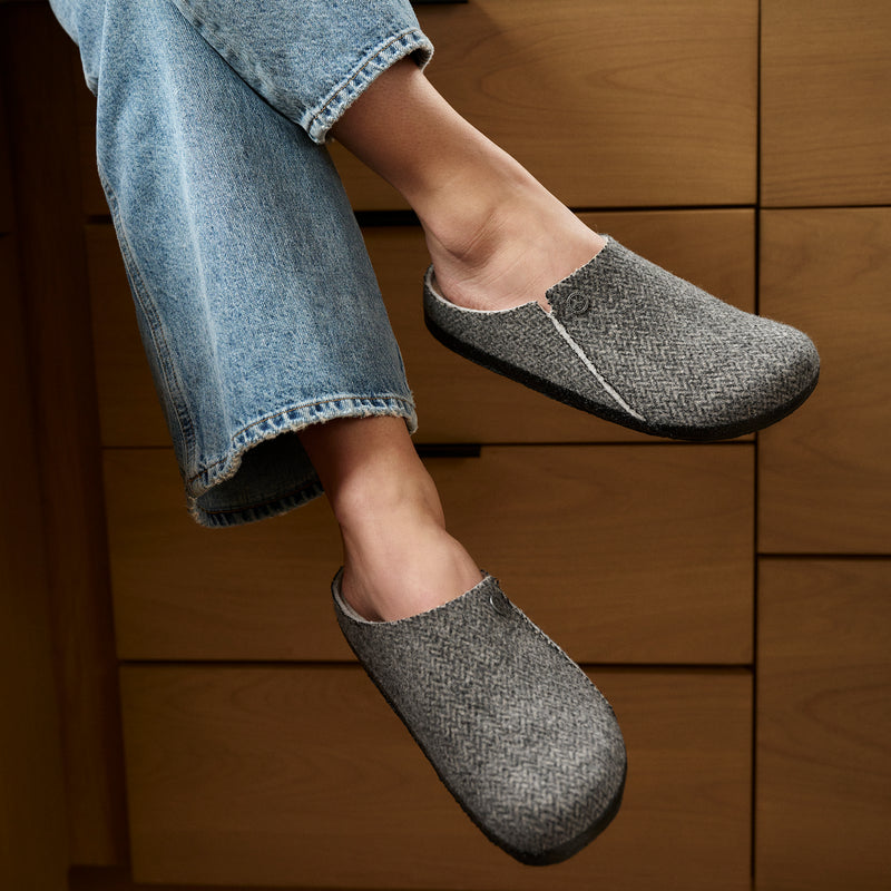 Close-up detail of the Birkenstock Zermatt Shearling Slipper in Herringbone Gray Wool Felt