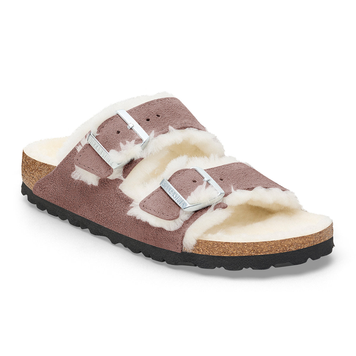 Front detail view of the Birkenstock Arizona sandal in Faded Purple featuring a soft genuine shearling lining, adjustable 2-strap design and cork and latex footbed. SKU 1028062