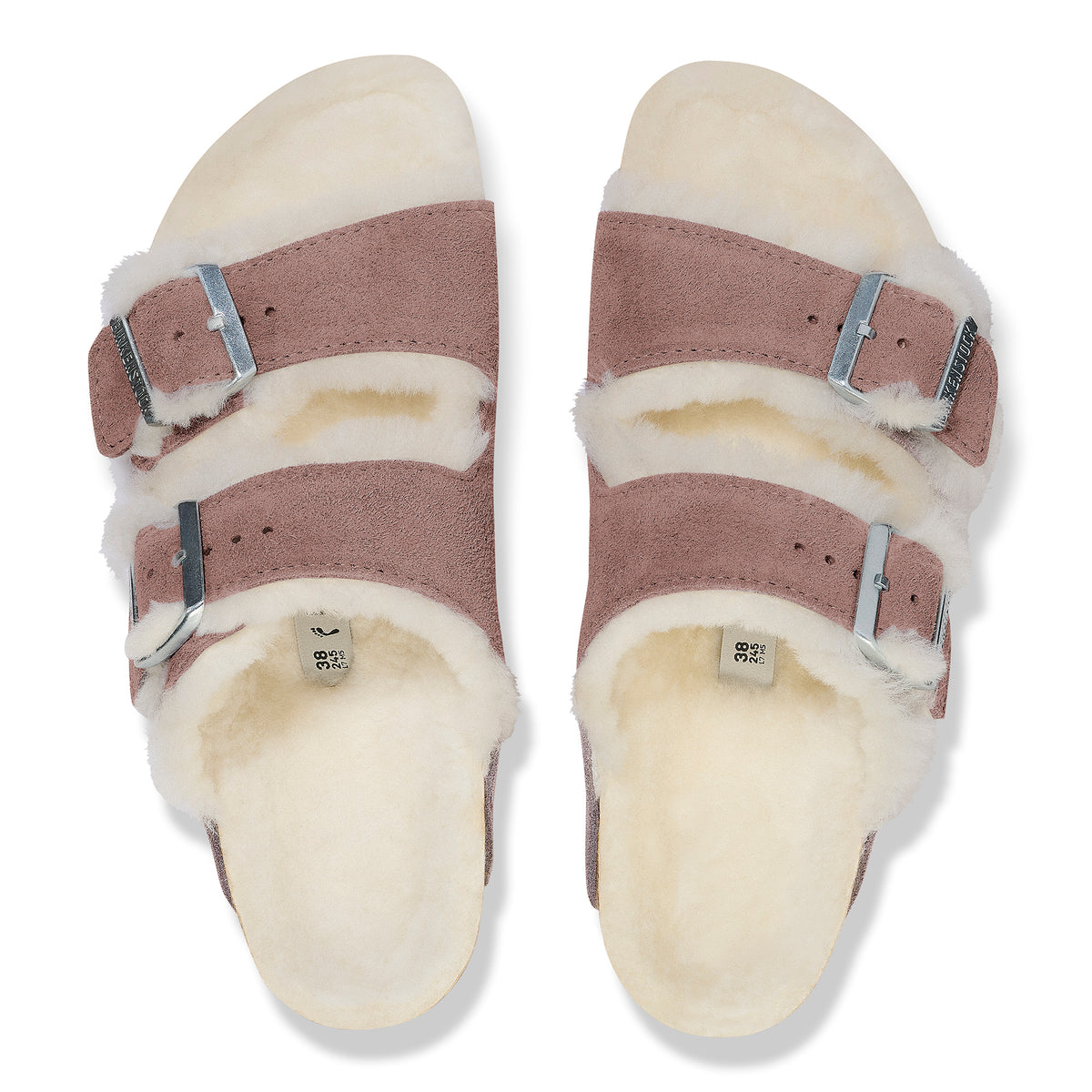 Overhead detail view of Birkenstock Arizona sandal in Faded Purple featuring a soft genuine shearling lining, adjustable 2-strap design and cork and latex footbed.