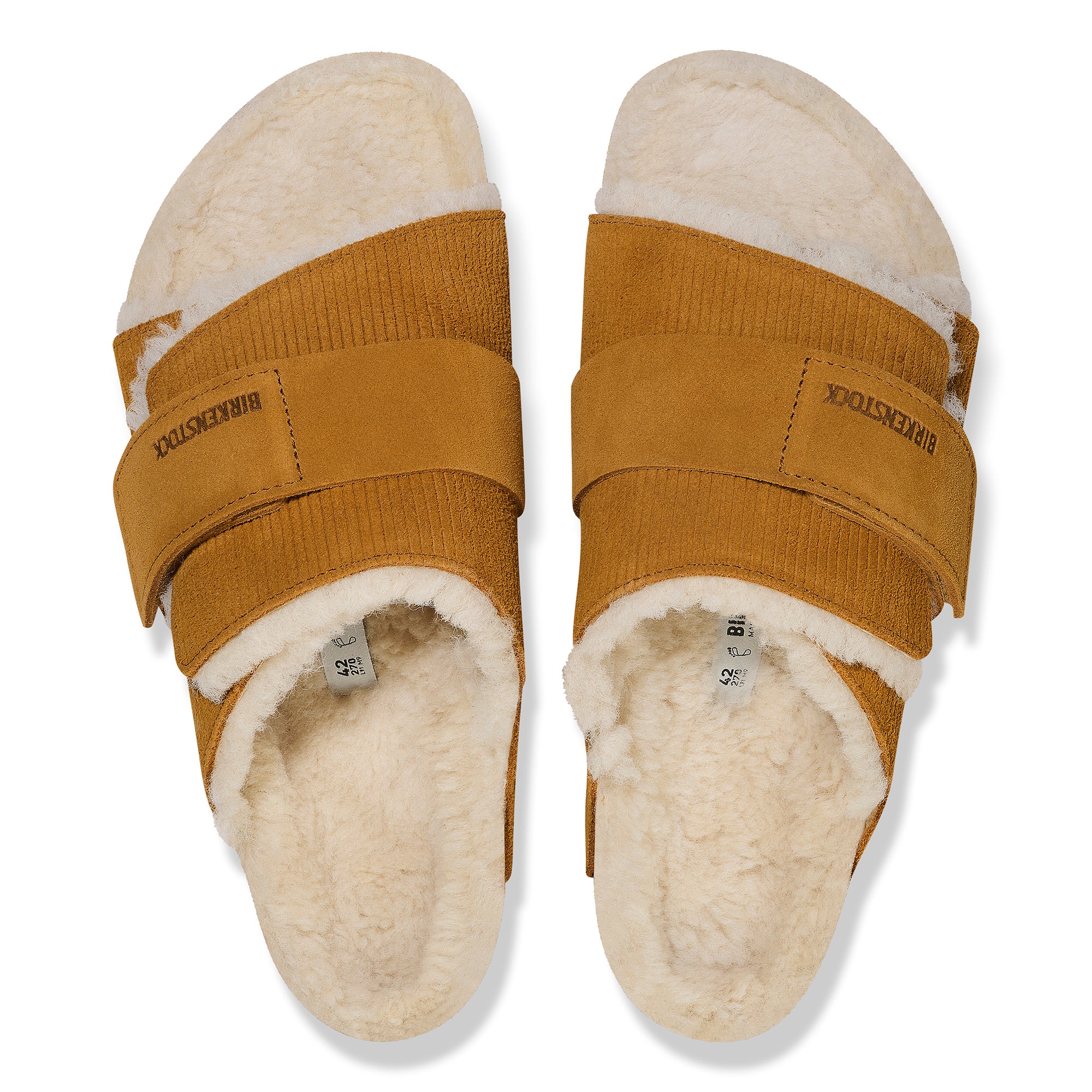 BIRKENSTOCK KYOTO SHEARLING SANDAL IN CORK BROWN SUEDE
