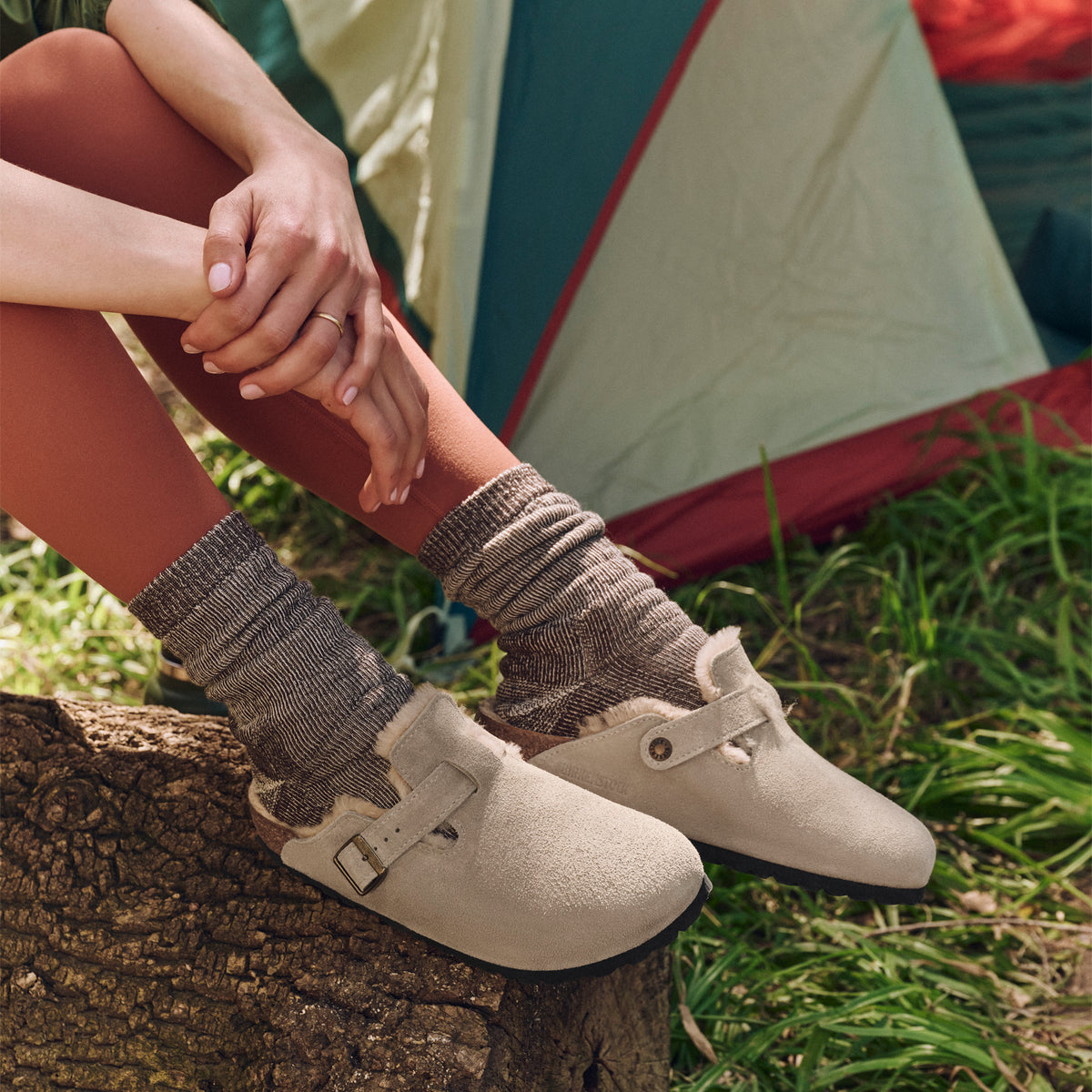 Women's Birkenstock Boston Shearling Taupe Suede Clog