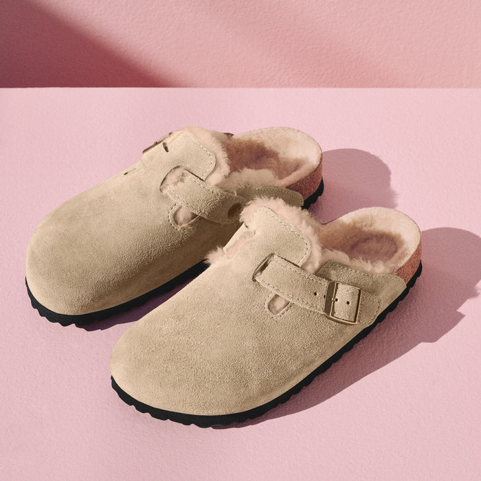 Women's Birkenstock Boston Shearling Taupe Suede Clog – Front View