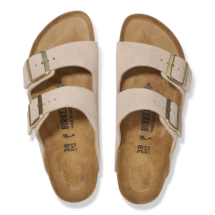 Birkenstock Arizona Sandal in Sandcastle Suede with golden hardware