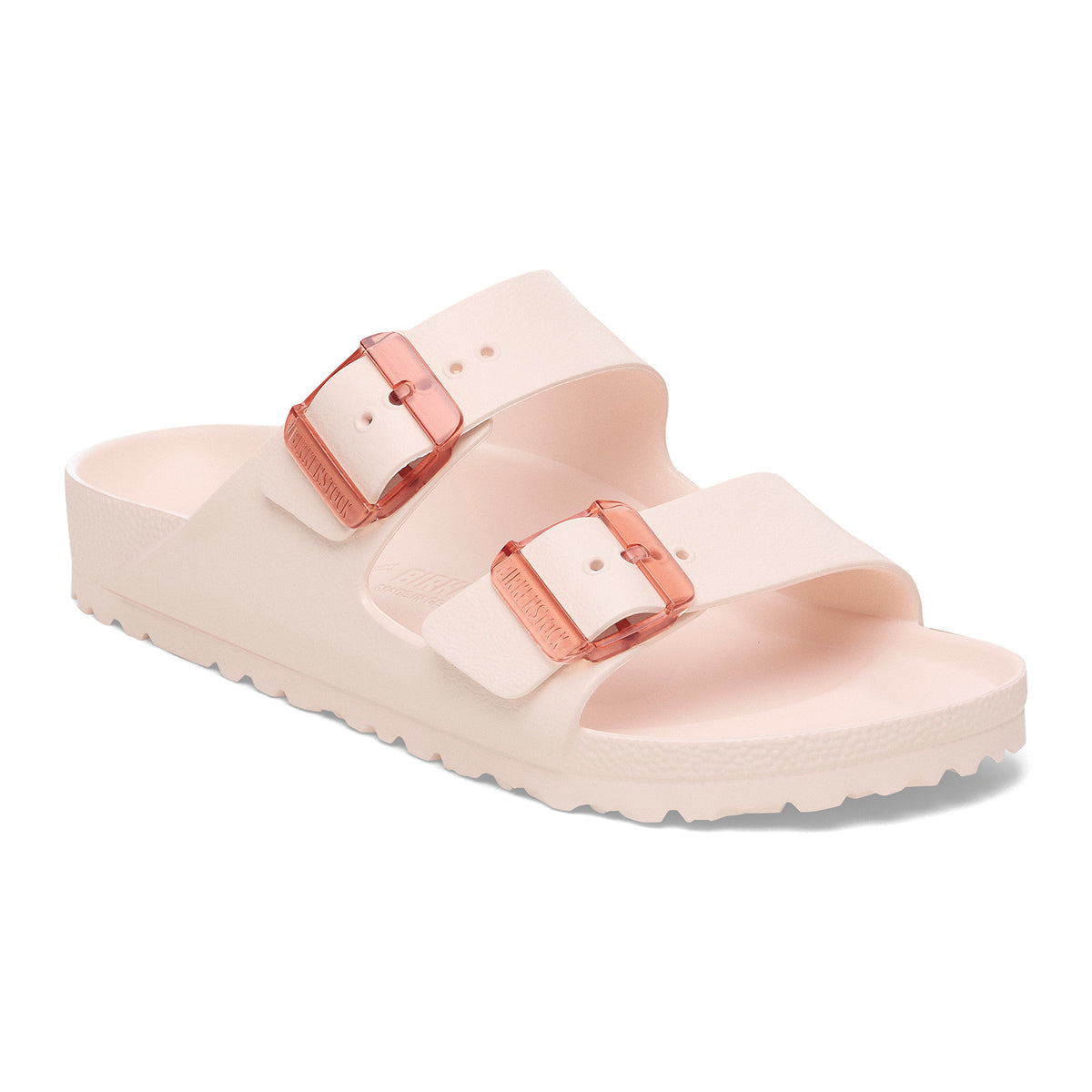 Front profile view of the Arizona EVA in Light Rose with Stealth translucent buckles. A new style for 2025, great for water activities or post-workout comfort.