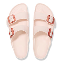 Overhead detail view of the EVA contoured footbed on the Arizona two-strap water sandal by Birkenstock in Light Rose/Pink