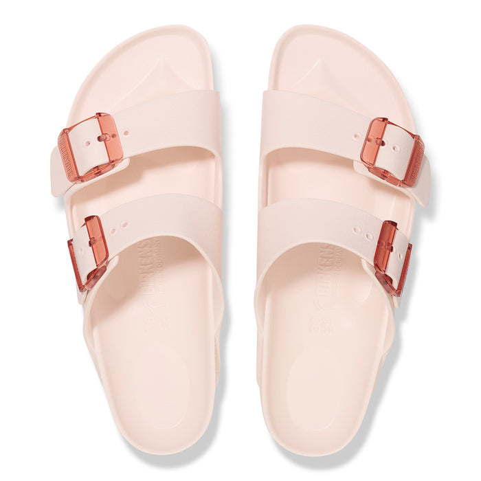 Overhead detail view of the EVA contoured footbed on the Arizona two-strap water sandal by Birkenstock in Light Rose/Pink