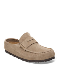 Birkenstock Naples Wrapped Clog in Taupe Suede on a white background