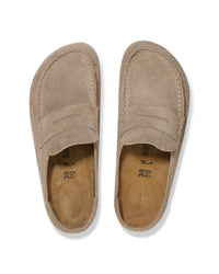Pair of Birkenstock Naples Wrapped Clogs in Taupe Suede on a white background