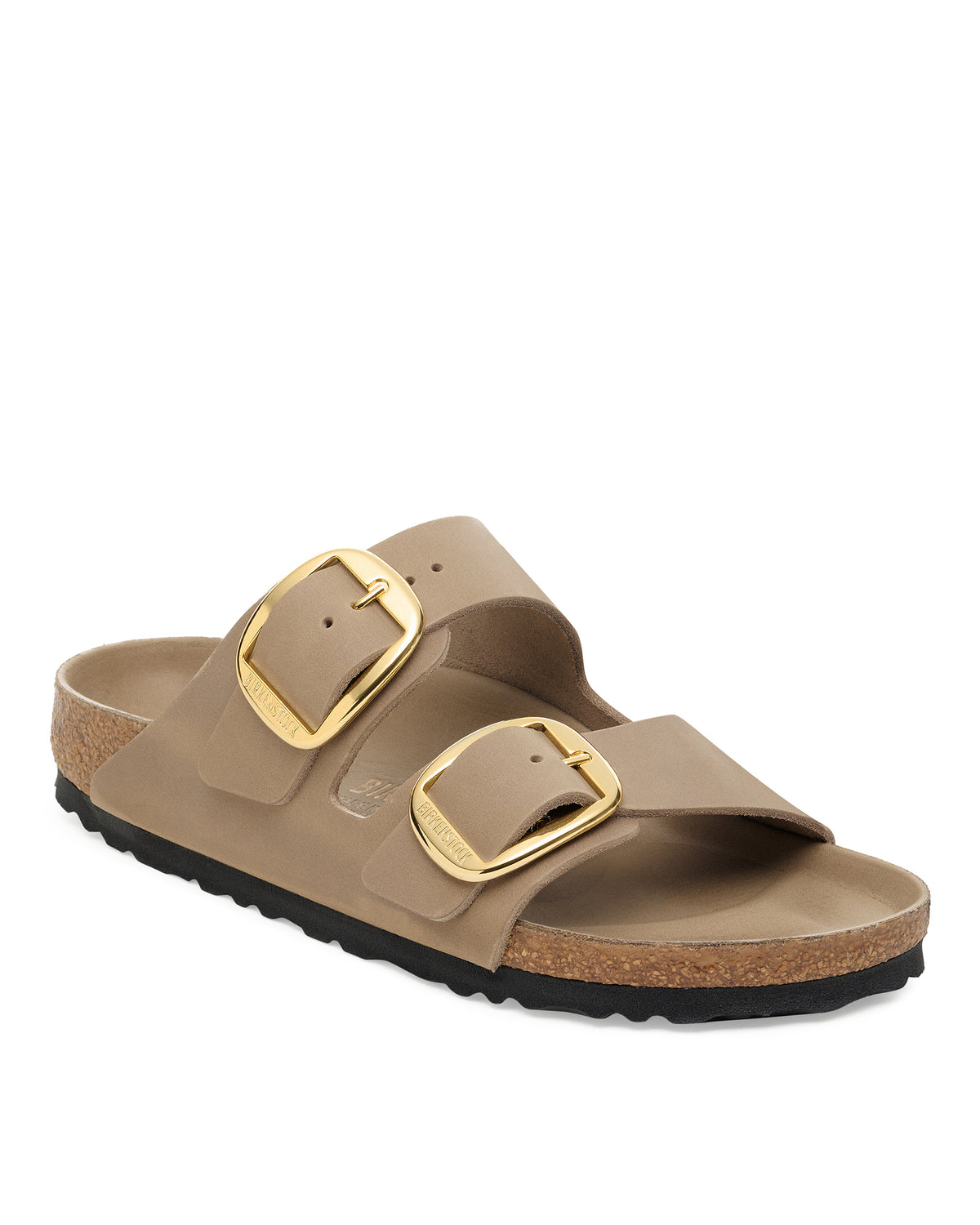 Studio product shot showing the front 3/4 of the Birkenstock Arizona Big Buckle Sandal in Tobacco Brown Oiled Leather on a white background