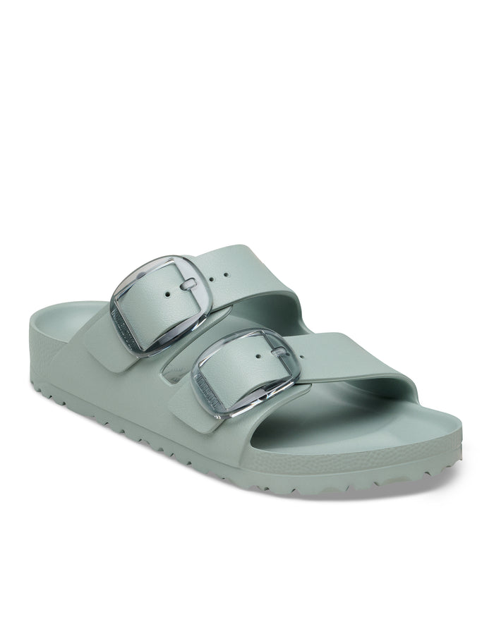 Pure Sage Birkenstock EVA Arizona sandal with transparent big buckles on a white background