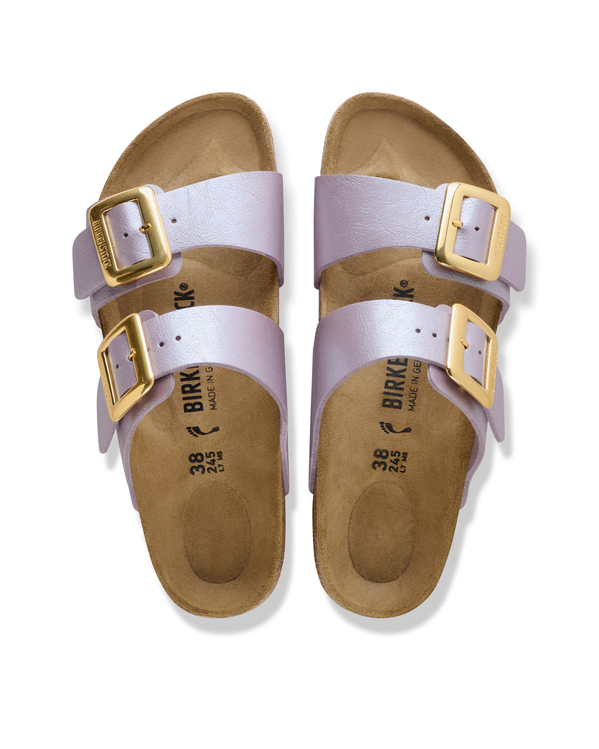 Birkenstock Sydney Luxe Buckle sandals with gold buckles and (Orchid) purple straps on a white background