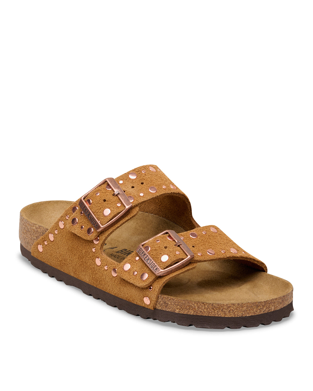 Mink brown sandal with two straps on a white background