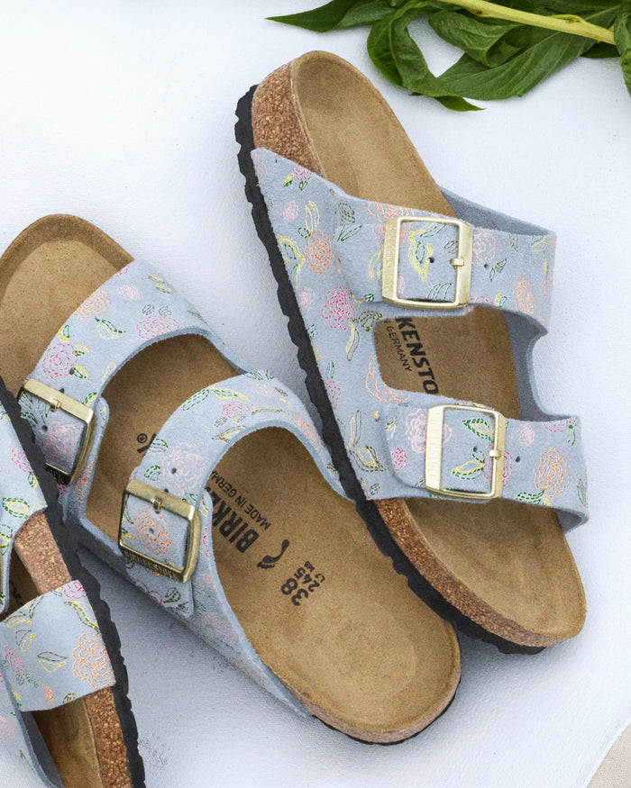 Women’s Birkenstock Arizona Suede Sandal in Baby Blue Flower Print