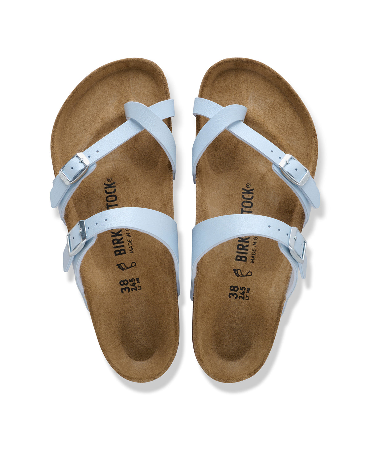 Birkenstock Mayari Birko-Flor Toe-Loop Sandals in Baby Blue

The Birkenstock Mayari is a favorite for those who want a more streamlined, secure feel without the heavy look of a traditional slide. This version features a unique crisscross design and a dedicated toe loop that keeps the sandal perfectly in place while you walk. This feminine crisscross style transitions easily from a morning at the farmer's market to a casual outdoor dinner.