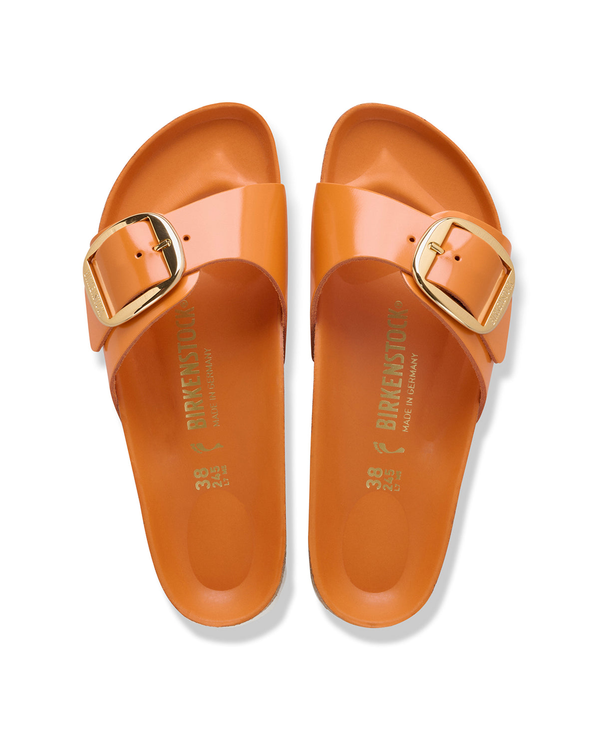 Birkenstock Madrid Big Buckle Slide Sandal in Kurkuma Orange Natural High-Shine Patent Leather, 1031881