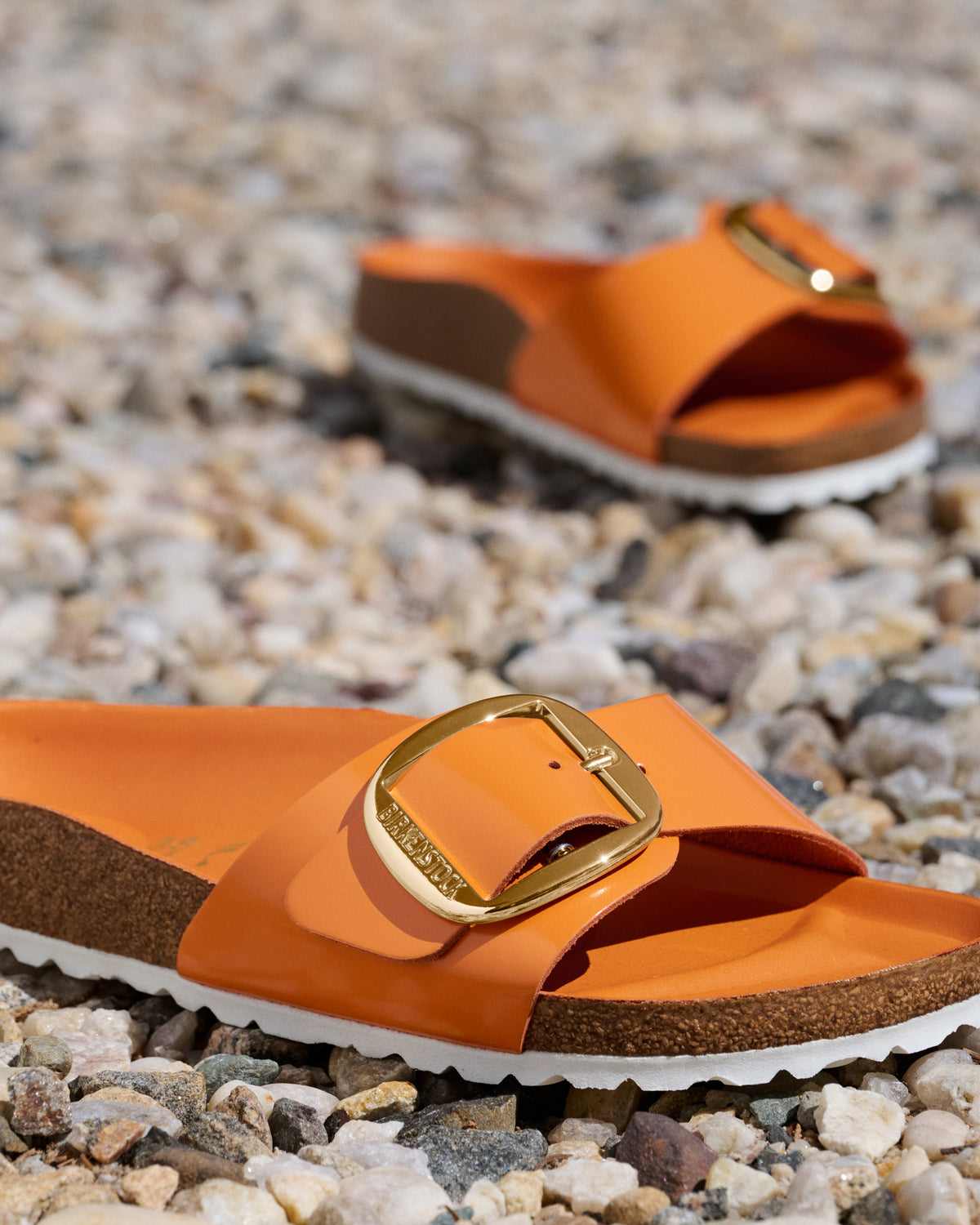 Birkenstock Madrid Big Buckle Slide Sandal in Kurkuma Natural High-Shine Patent Leather, 1031881
