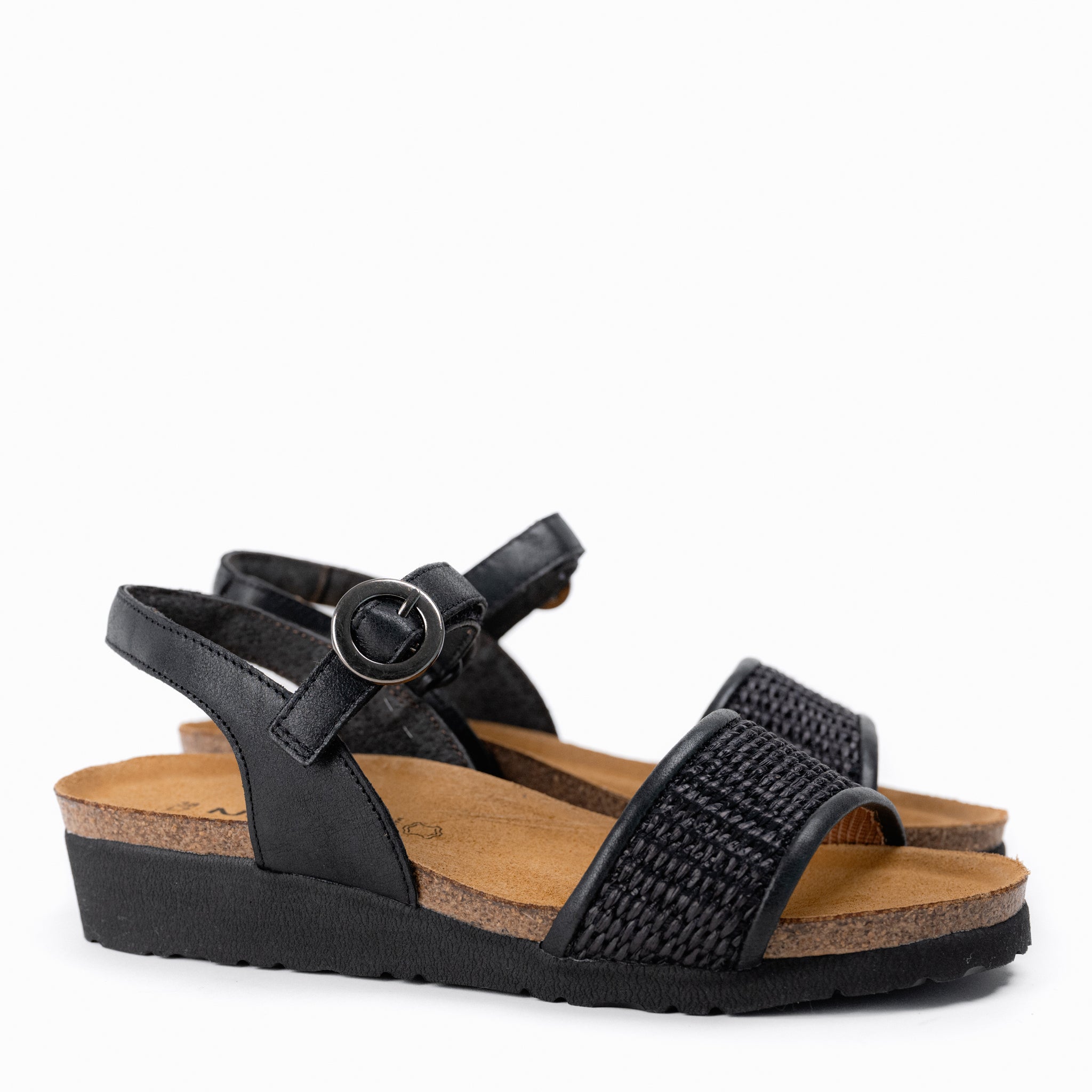Women's Naot Cecile Sandal in Black Leather/Black Raffia – Plaza