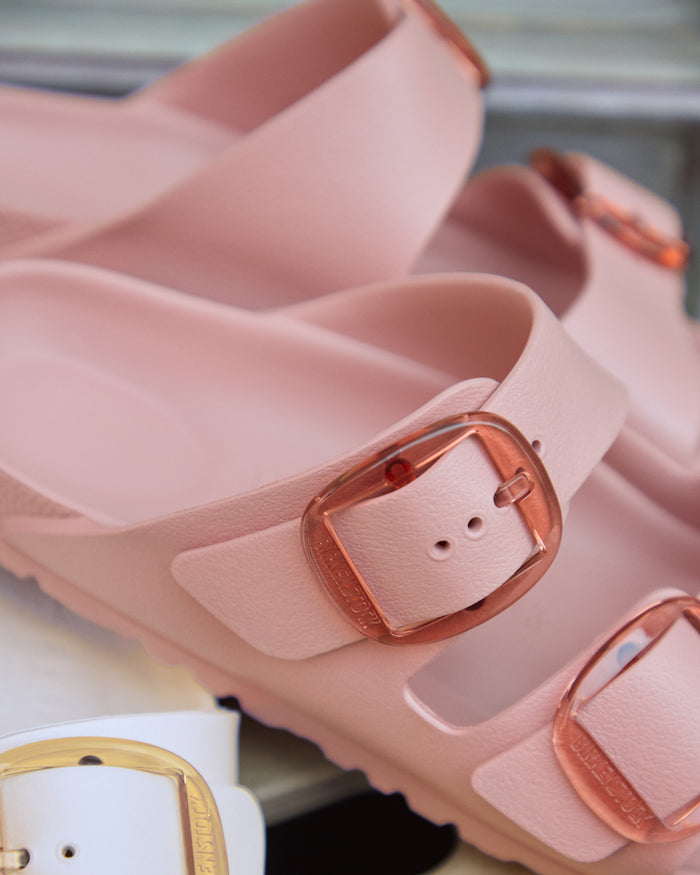 Close-up of the Birkenstock Arizona Big Buckle Stealth EVA Sandal in Pink Clay.