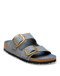 Birkenstock Arizona Big Buckle sandal in blue colored Basalt leather with two straps and two gold buckles on a white background