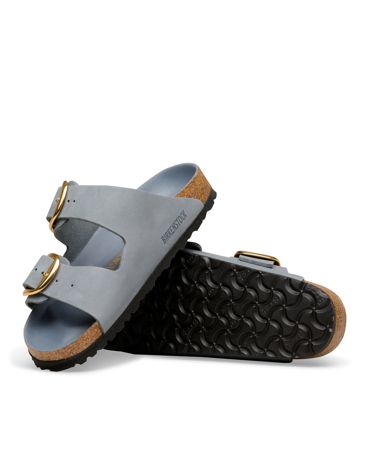 Birkenstock Arizona Big Buckle sandals in blue Basalt color leather with cork-latex contoured insole on a white background