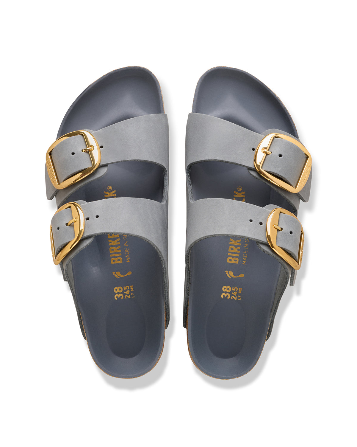 Birkenstock Arizona Big Buckle sandals in Basalt blue leather with gold buckles on a white background