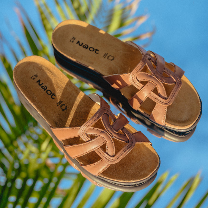 Women's Naot Liv Slide in Caramel Leather - Naot Flat Elegant Collection, Summer Slide